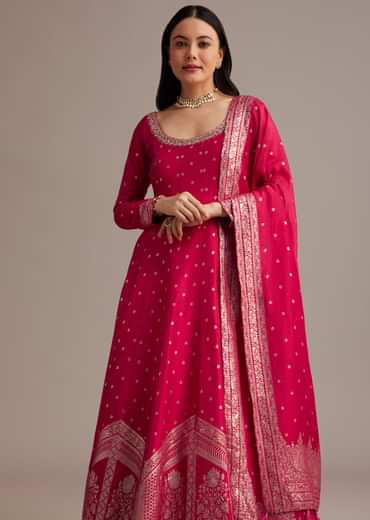Rani Pink Gold Weave Anarkali Set With Banarasi Dupatta