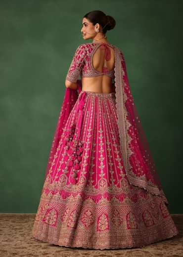 Rani Pink Hand Embroidered Lehenga With Blouse And Dupatta