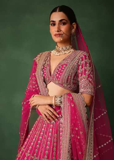 Rani Pink Hand Embroidered Lehenga With Blouse And Dupatta