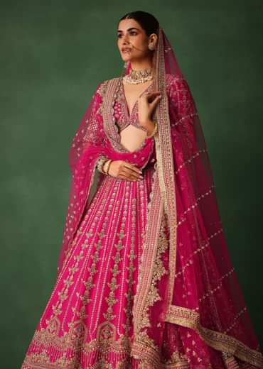 Rani Pink Hand Embroidered Lehenga With Blouse And Dupatta