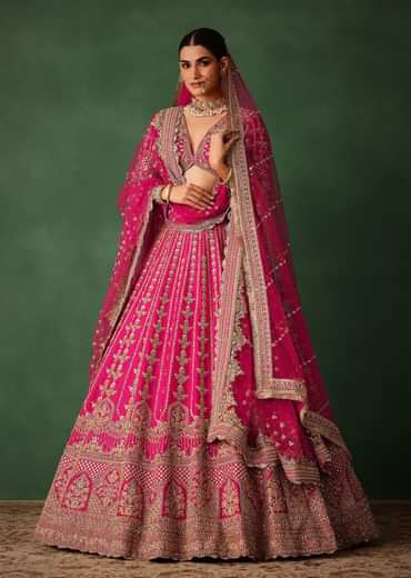 Rani Pink Hand Embroidered Lehenga With Blouse And Dupatta