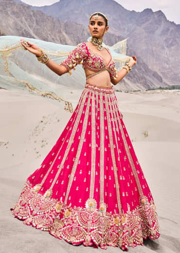 Rani Pink Heavy Embroidered Bridal Lehenga With Two Dupattas