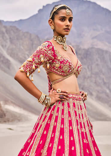 Rani Pink Heavy Embroidered Bridal Lehenga With Two Dupattas