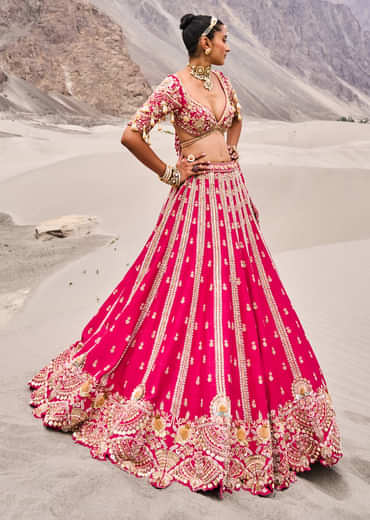 Rani Pink Heavy Embroidered Bridal Lehenga With Two Dupattas
