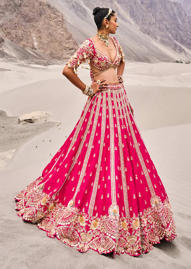 Rani Pink Heavy Embroidered Bridal Lehenga With Two Dupattas
