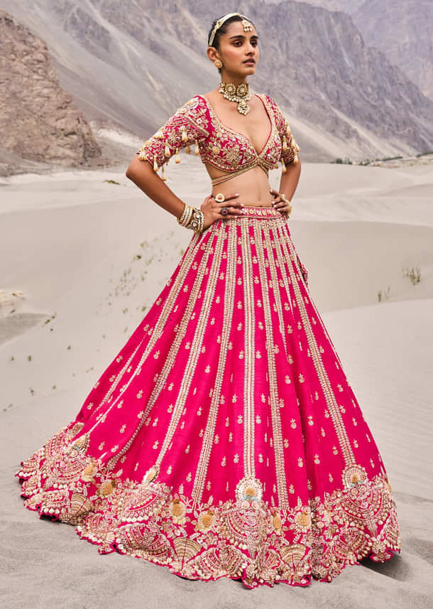 Rani Pink Heavy Embroidered Bridal Lehenga With Two Dupattas