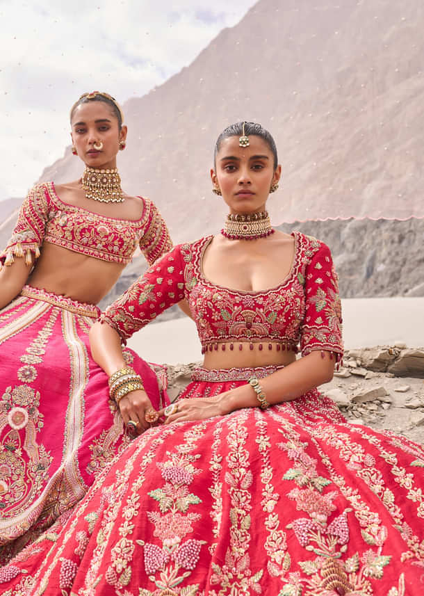 Rani Pink Heavy Embroidered Bridal Lehenga With Two Dupattas