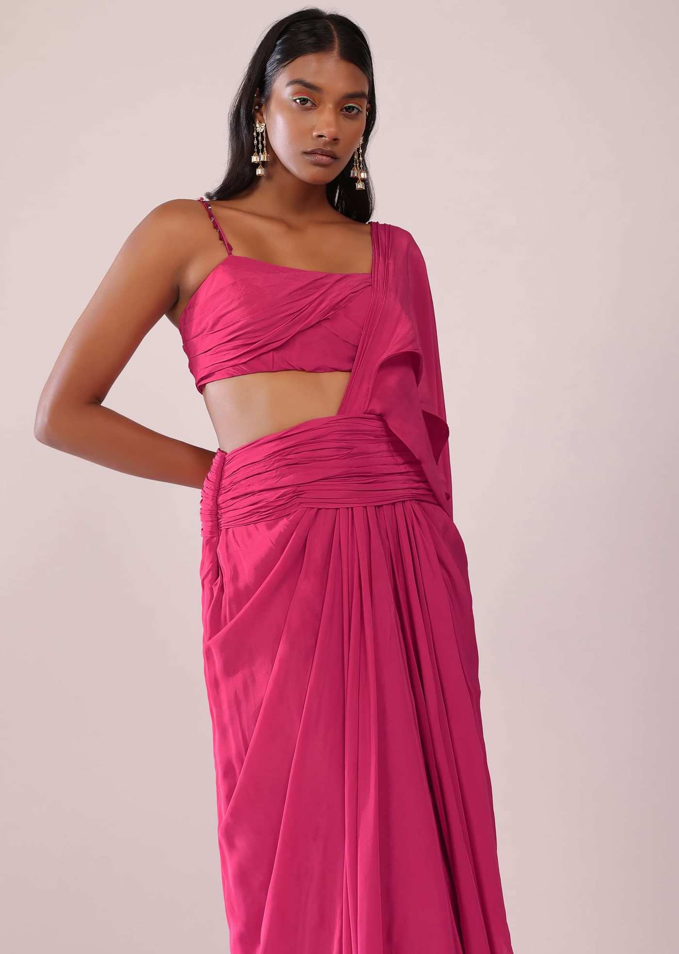 Rani Pink Crepe Drape Saree And Blouse With Crystal Detailing On the Strap