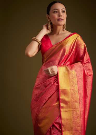 Rani Pink Kanjivaram Silk Saree With Golden Zari Detailing