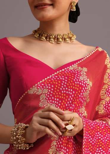 Rani Pink Khaddi Georgette Woven Saree With Gotta Patti Border