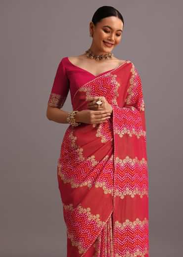 Rani Pink Khaddi Georgette Woven Saree With Gotta Patti Border