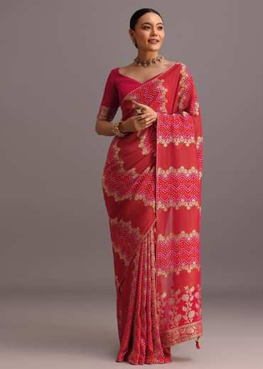 Rani Pink Khaddi Georgette Woven Saree With Gotta Patti Border