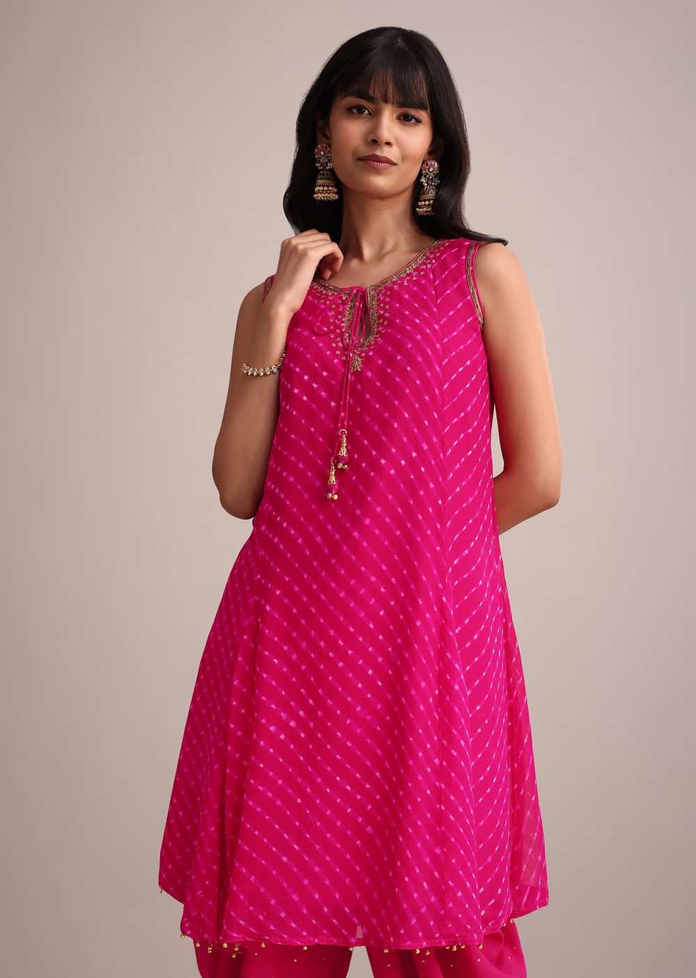 Rani Pink Leheriya Printed Kurta Dhoti Set
