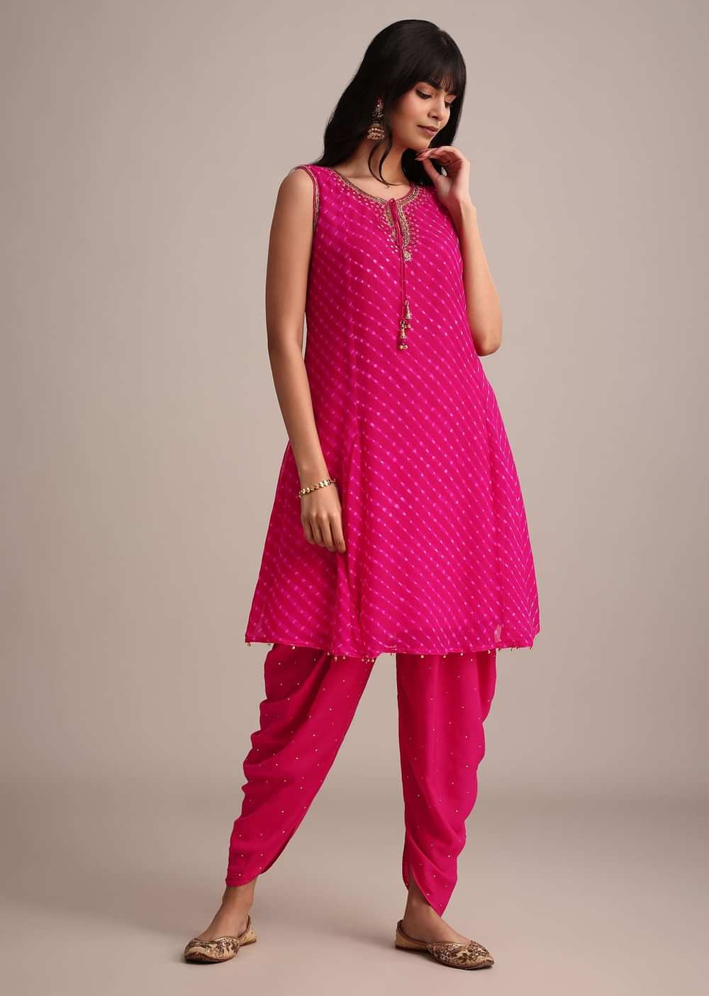 Rani Pink Leheriya Printed Kurta Dhoti Set