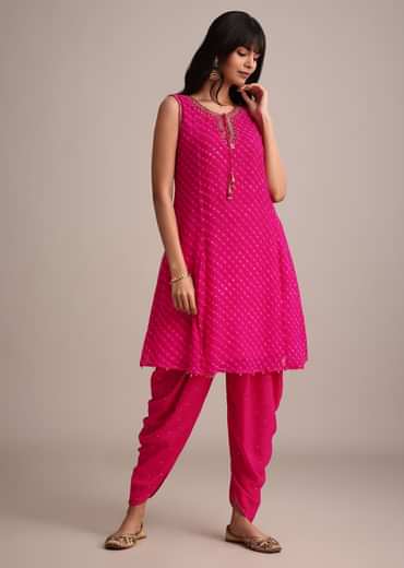 Rani Pink Leheriya Printed Kurta Dhoti Set