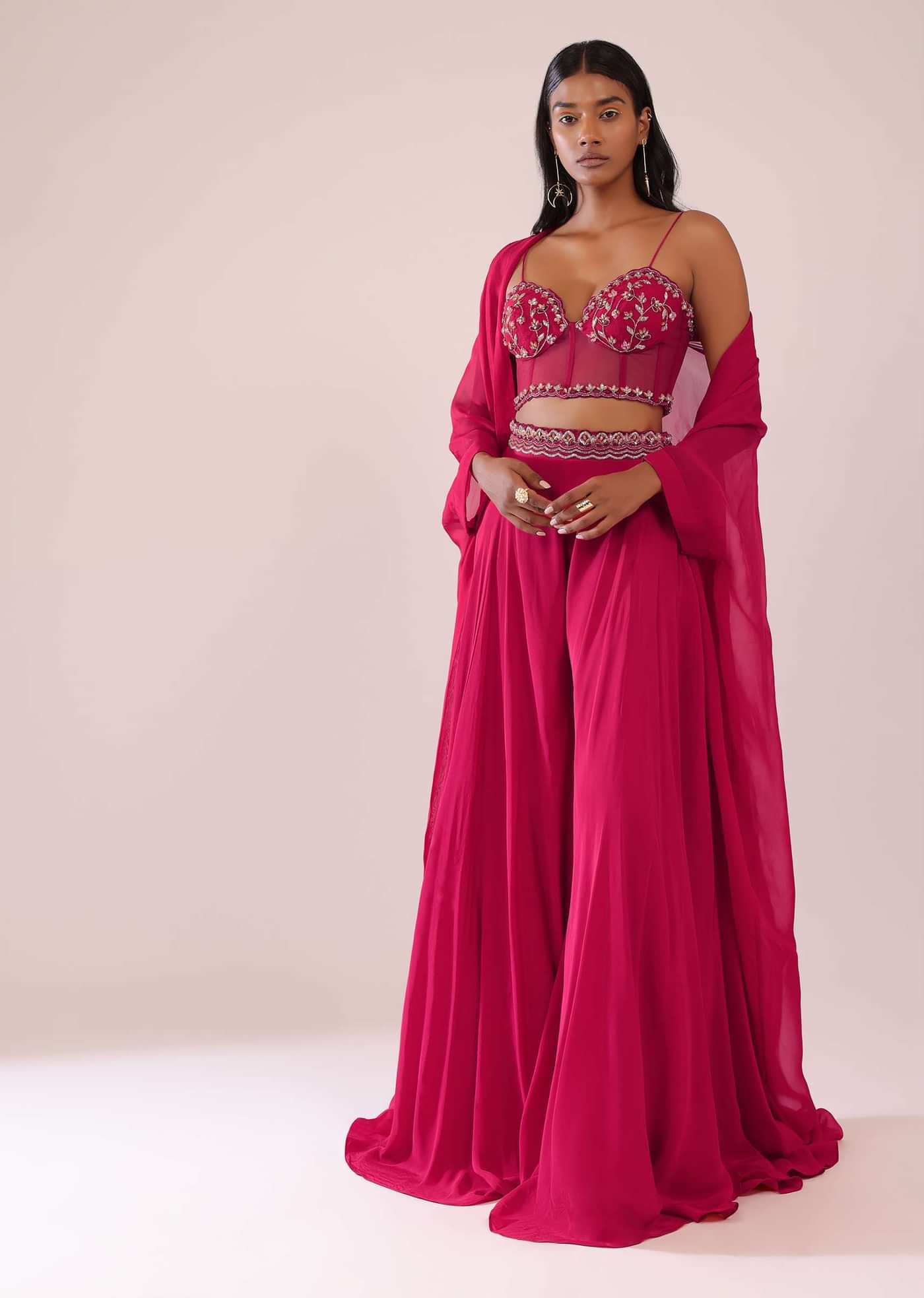 Rani Pink Organza Palazzo And Corset Blouse Set With Floral Embroidery