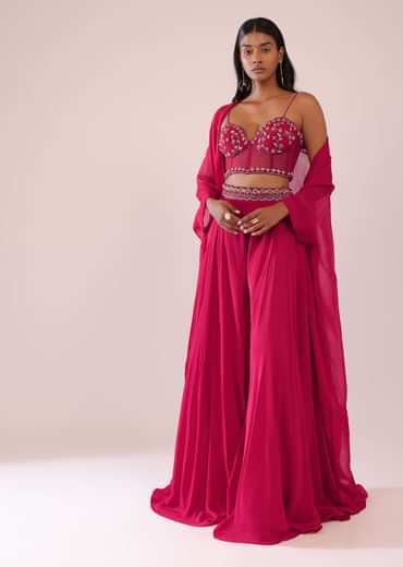 Rani Pink Organza Palazzo And Corset Blouse Set With Floral Embroidery