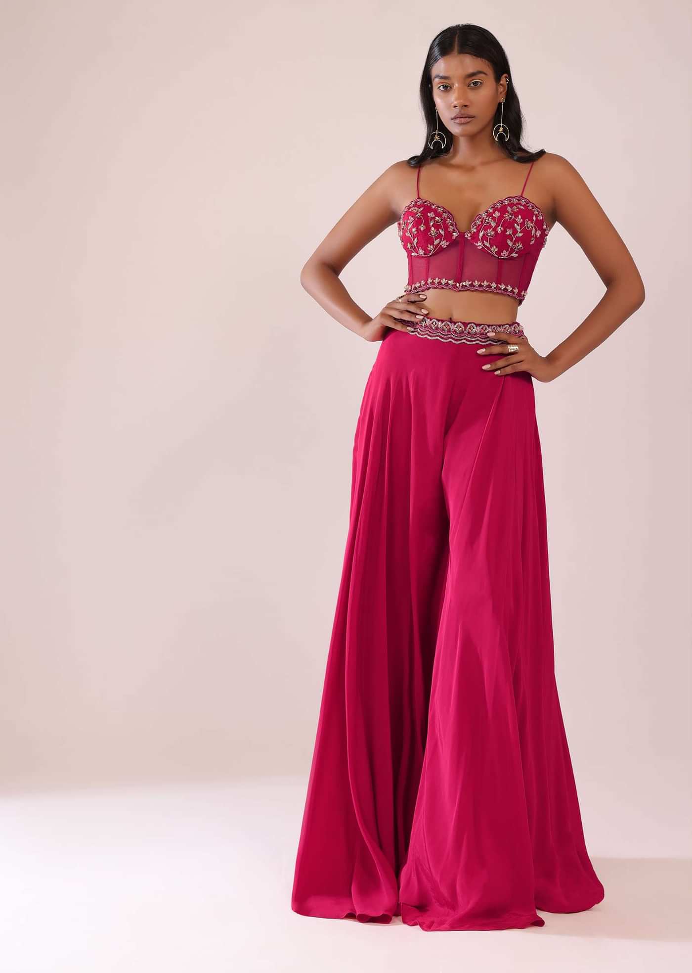 Rani Pink Organza Palazzo And Corset Blouse Set With Floral Embroidery
