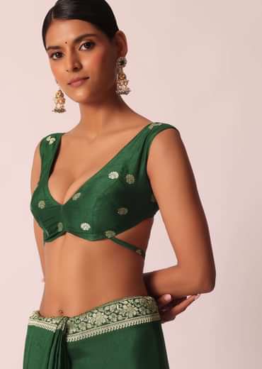 Green Saree In Silk With Woven Bandhani Detail And Unstitched Blouse Piece