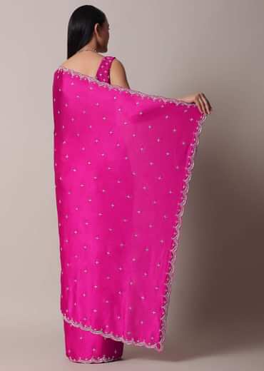 Rani Pink Satin Chinon Saree With Scallop Border And Unstitched Blouse Piece
