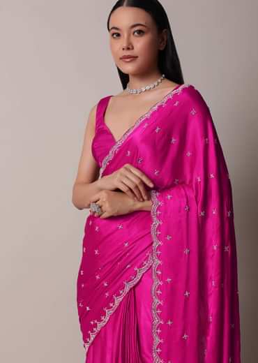 Rani Pink Satin Chinon Saree With Scallop Border And Unstitched Blouse Piece