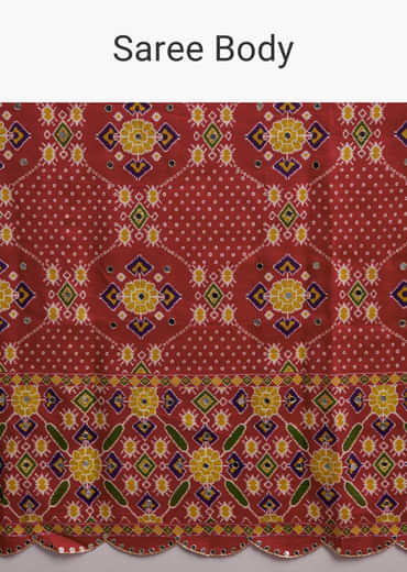 Rani Pink Satin Saree With Handwoven Ikat Print And Mirror Work