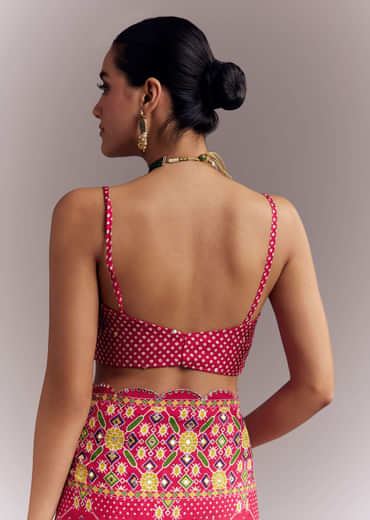 Rani Pink Satin Saree With Handwoven Ikat Print And Mirror Work