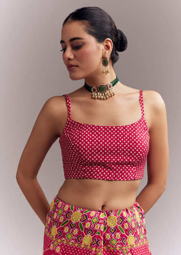 Rani Pink Satin Saree With Handwoven Ikat Print And Mirror Work