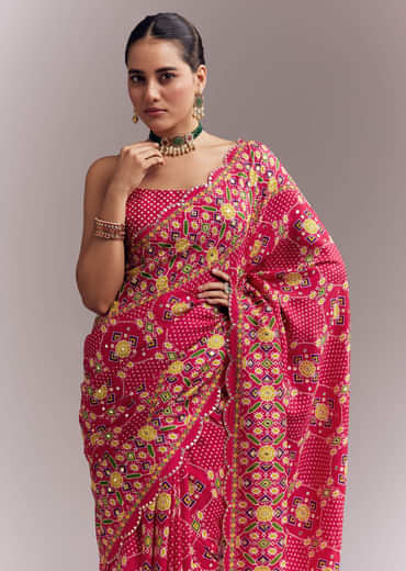 Rani Pink Satin Saree With Handwoven Ikat Print And Mirror Work