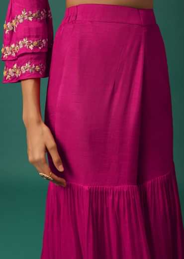 Rani Pink Sharara Suit Set In Silk With Floral Embroidery