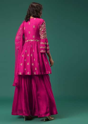 Rani Pink Sharara Suit Set In Silk With Floral Embroidery
