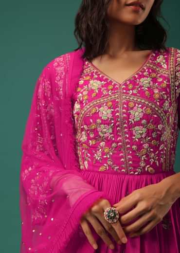 Rani Pink Sharara Suit Set In Silk With Floral Embroidery
