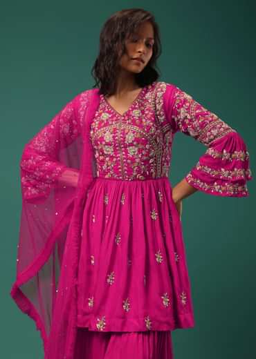 Rani Pink Sharara Suit Set In Silk With Floral Embroidery