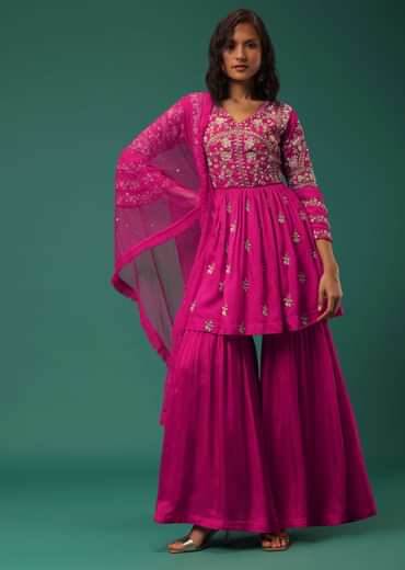 Rani Pink Sharara Suit Set In Silk With Floral Embroidery
