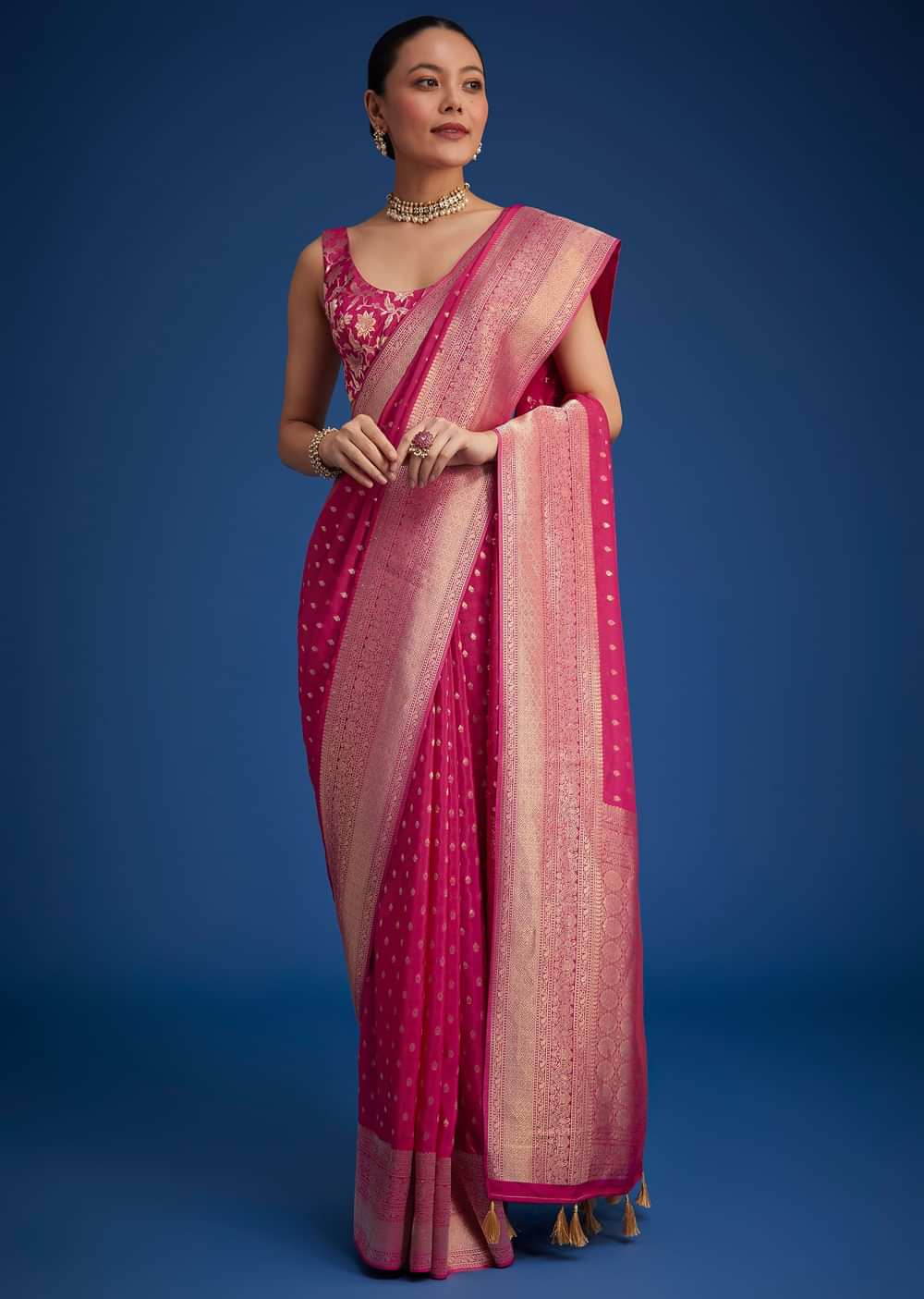 Rani Pink Tissue Silk Saree With Zari Border And Butti Work