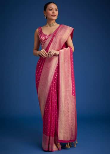 Rani Pink Tissue Silk Saree With Zari Border And Butti Work