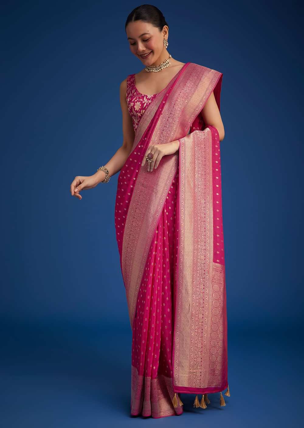 Rani Pink Tissue Silk Saree With Zari Border And Butti Work