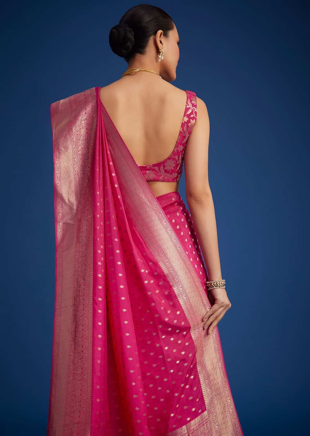 Rani Pink Tissue Silk Saree With Zari Border And Butti Work