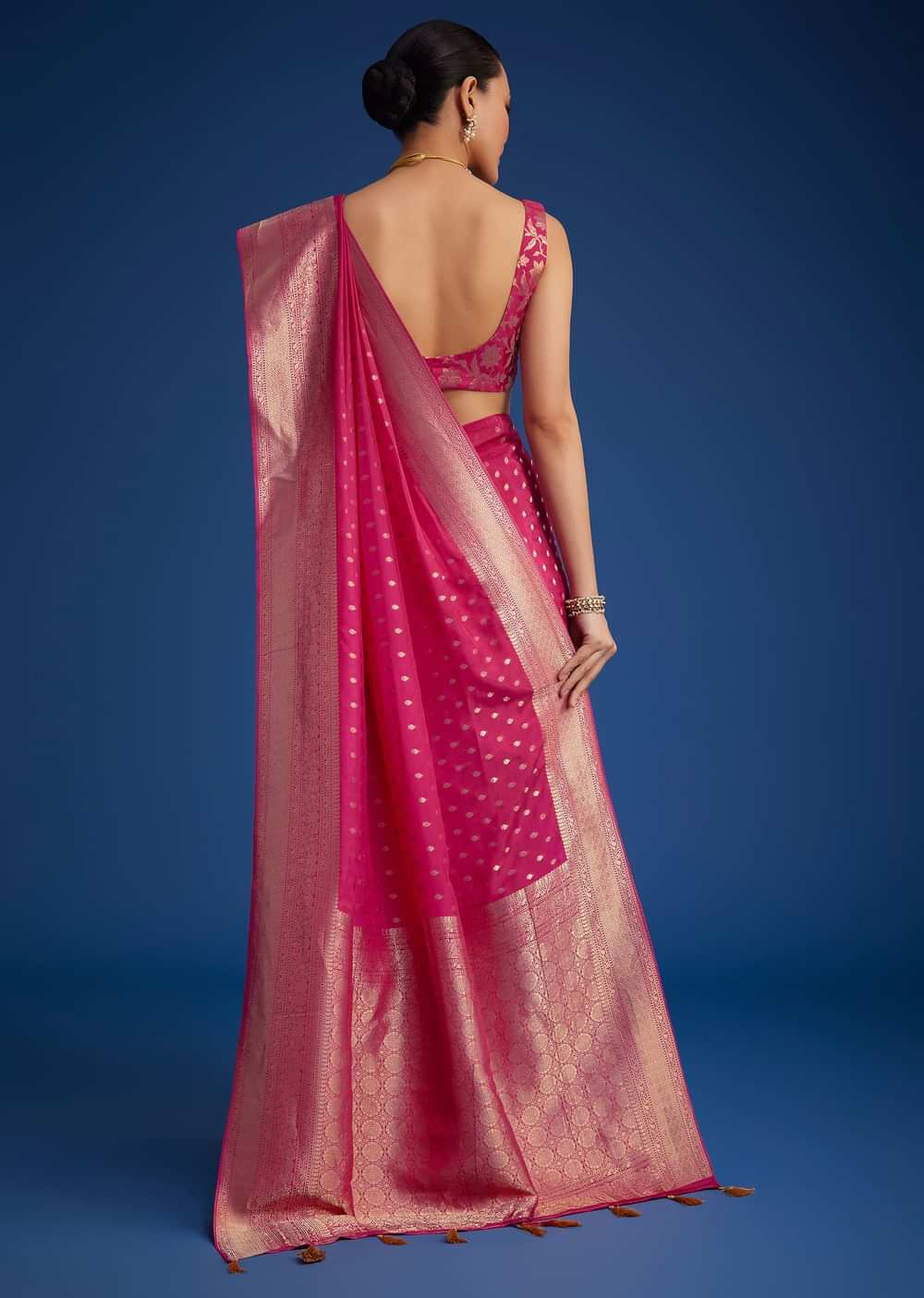 Rani Pink Tissue Silk Saree With Zari Border And Butti Work