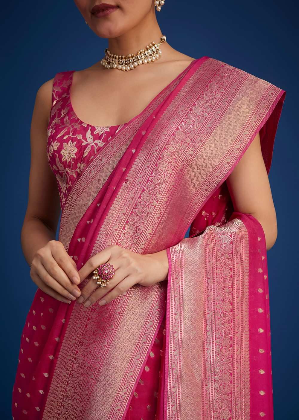 Rani Pink Tissue Silk Saree With Zari Border And Butti Work