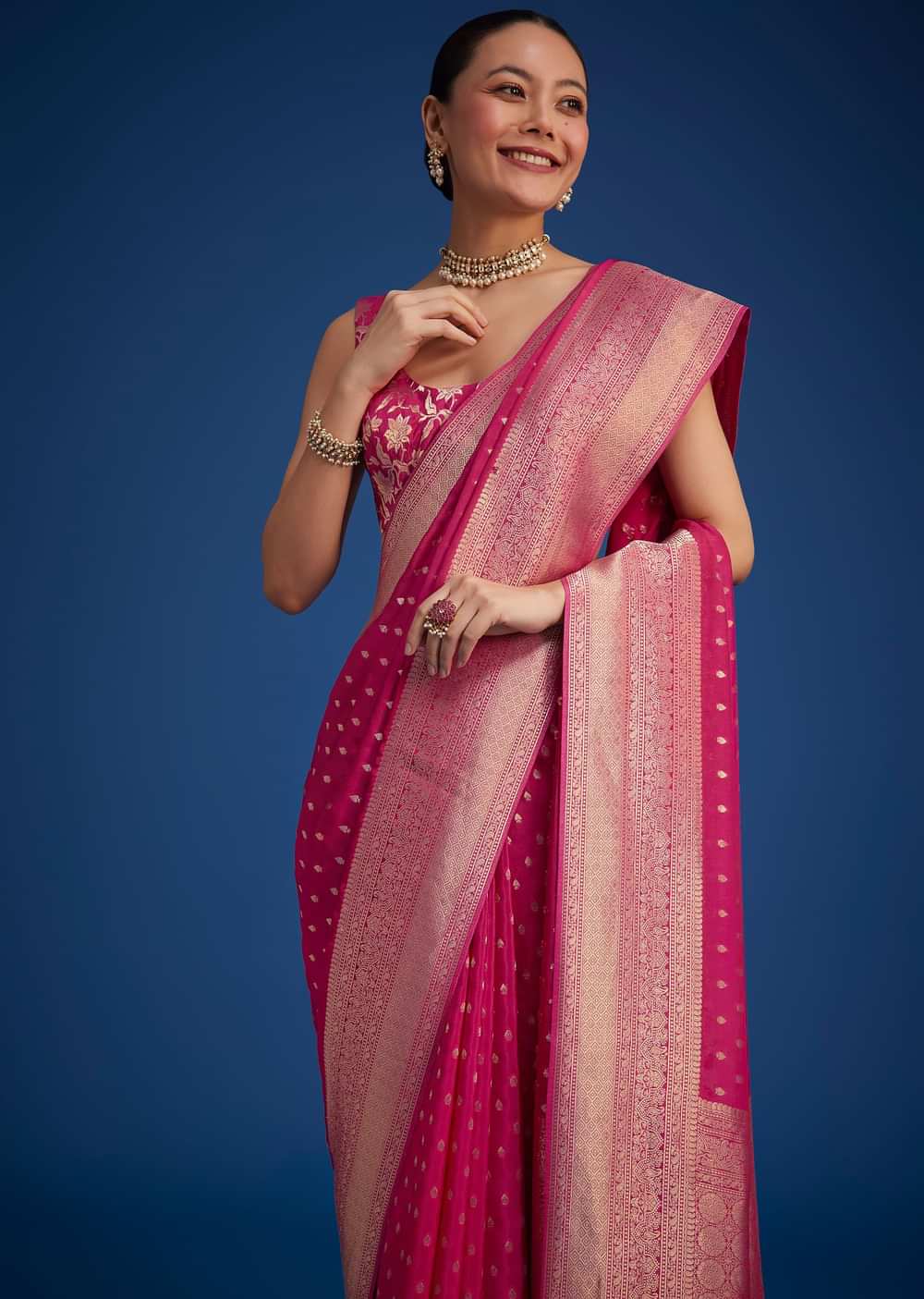 Rani Pink Tissue Silk Saree With Zari Border And Butti Work
