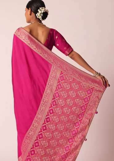 Rani Pink Woven Saree In Silk with Bandhani Detail And Unstitched Blouse Piece