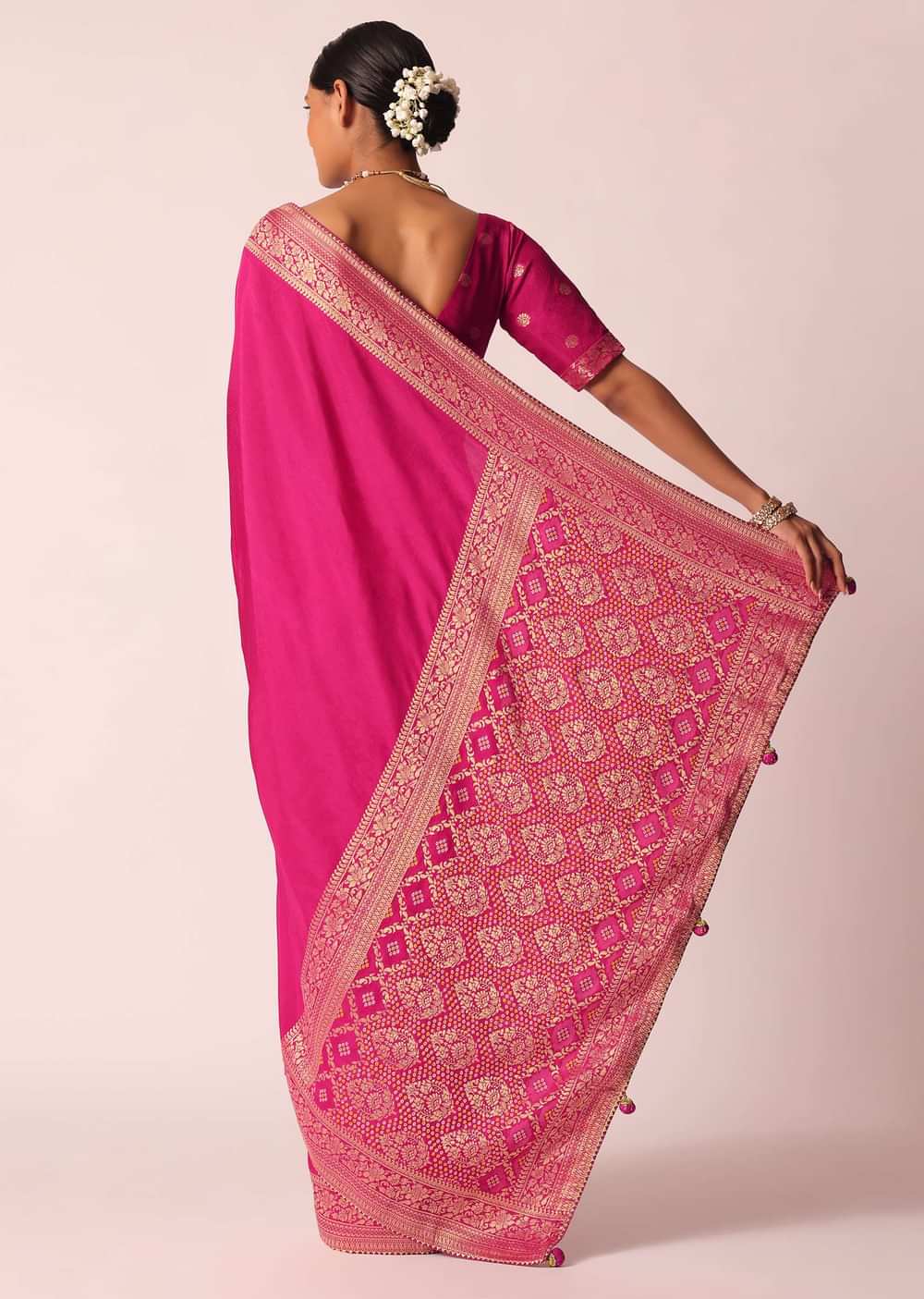 Rani Pink Woven Saree In Silk with Bandhani Detail And Unstitched Blouse Piece