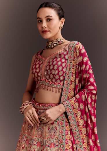 Rani Pink Zari Work Lehenga Set