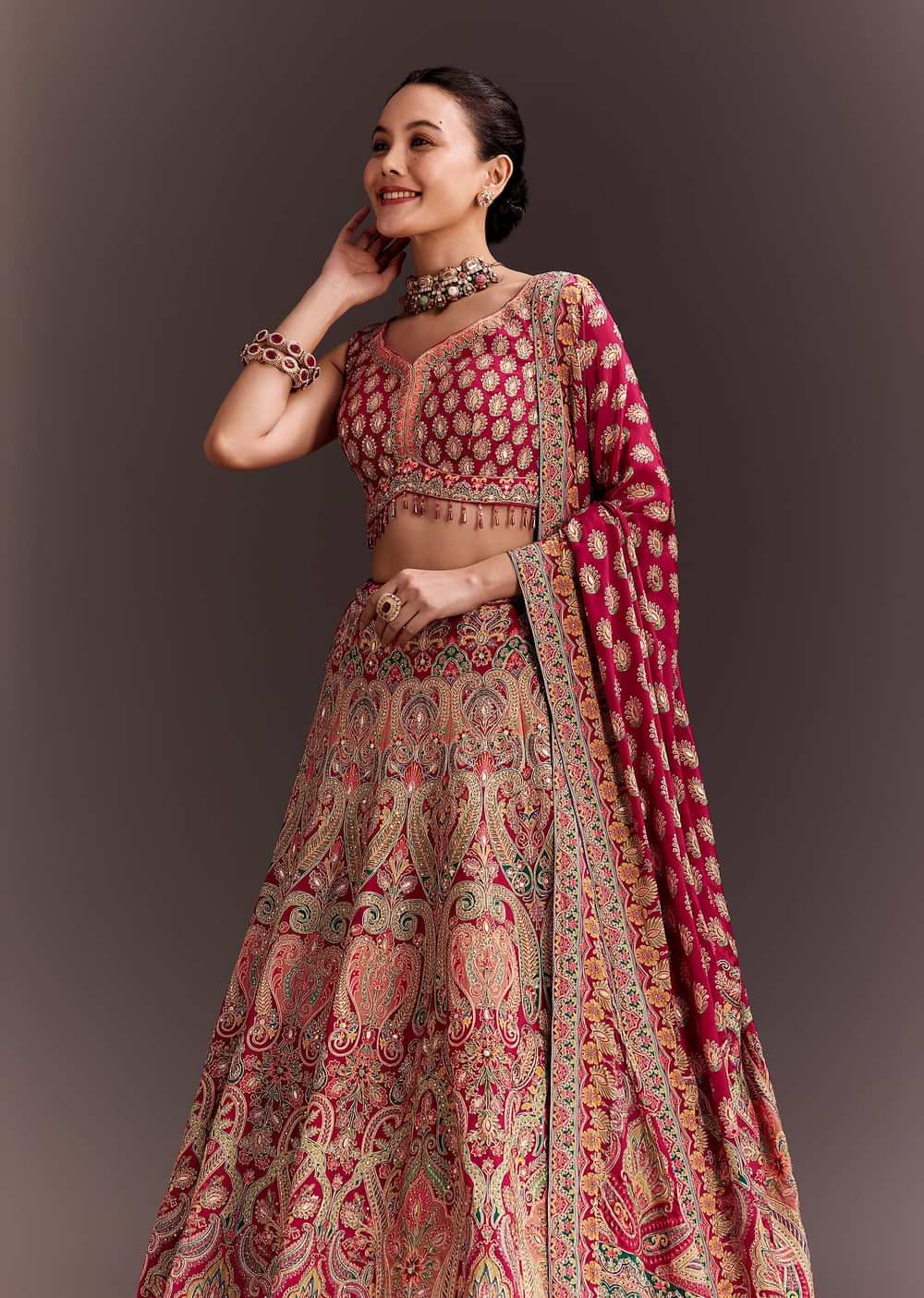 Rani Pink Zari Work Lehenga Set