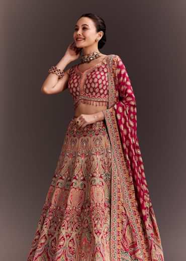 Rani Pink Zari Work Lehenga Set