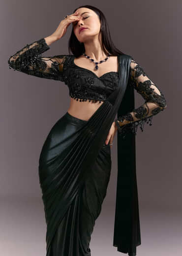Ready Pleated Saree With V Neck Blouse And Cutdana Work