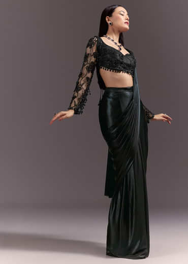 Ready Pleated Saree With V Neck Blouse And Cutdana Work