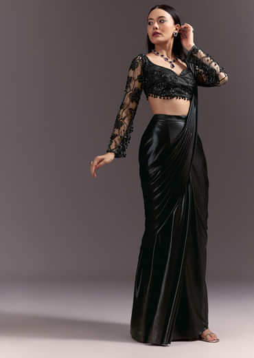 Ready Pleated Saree With V Neck Blouse And Cutdana Work