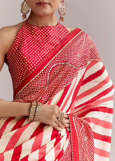 Red And Off White Silk Saree With Lehariya And Bandhani Print